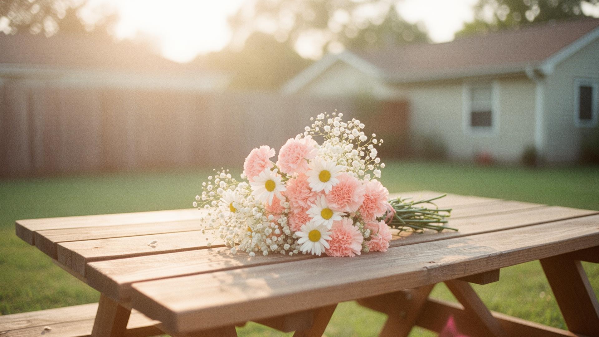 A bouquet of pink carnations and daisies resting on a sunlit picnic table in a 1990s suburban backyard